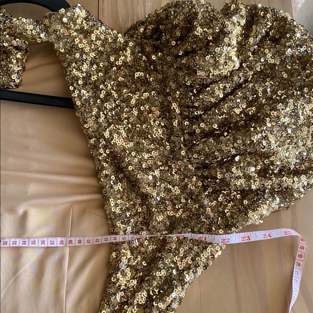 Gold Sequin Midi Dress with Puff Sleeves and High Neck - Picture 15 of 15